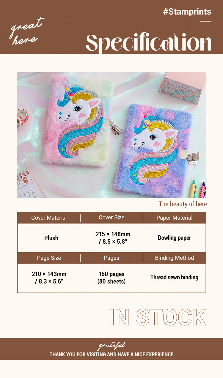 2Plush Cartoon Unicorn Diary Notebook with Lock