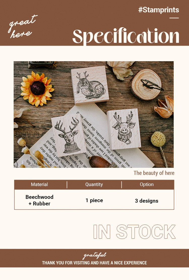 2Specification of Cute Animals with Antler Wooden Rubber Stamp