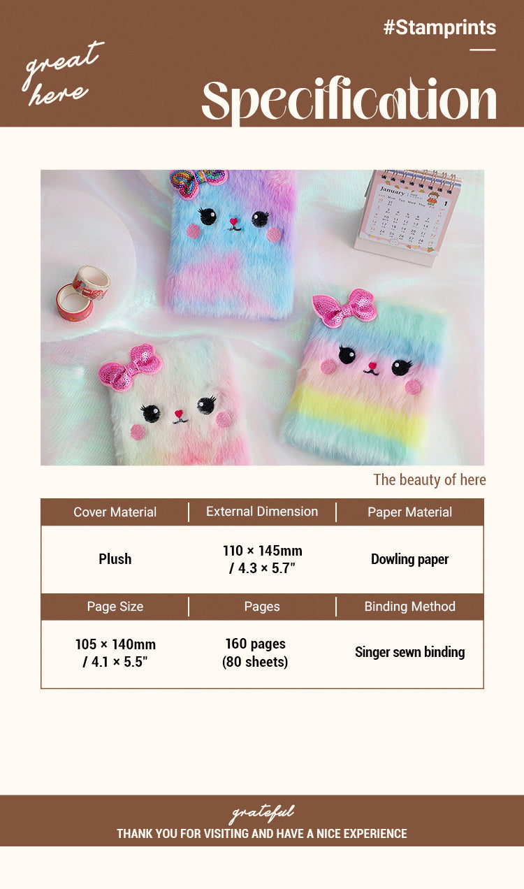 2Specification of Kawaii Cute Fluffy Plush Cat Journal Notebook