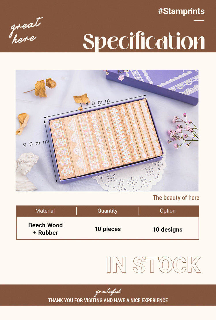 2Specification of Romantic Lace Border Wooden Rubber Stamp Set