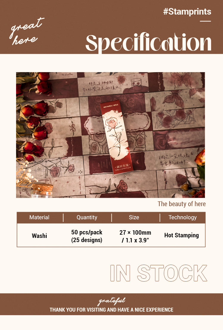 2Specification of Romantic Long Strip Rose Illustration Washi Sticker