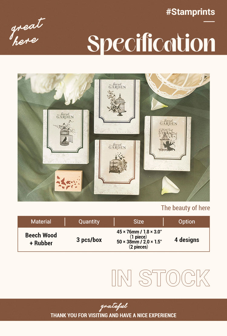 2Specification of Secret Garden Birdcage Wooden Rubber Stamp Set