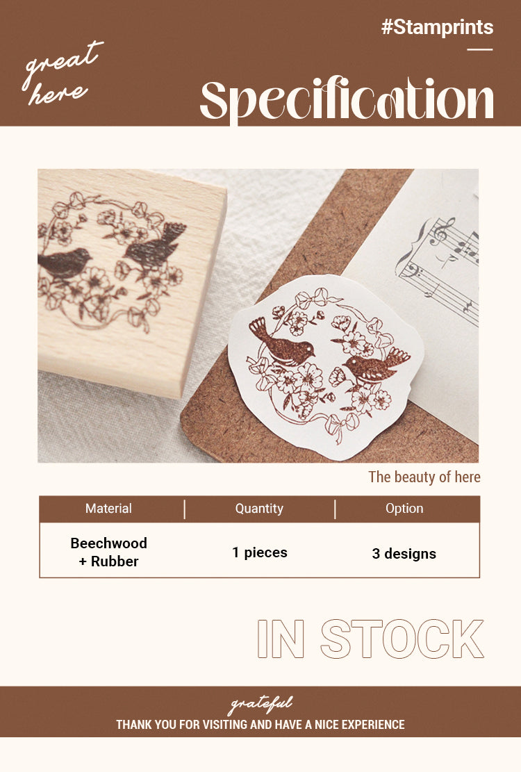 2Vintage Flower & Bird Wooden Rubber Stamp