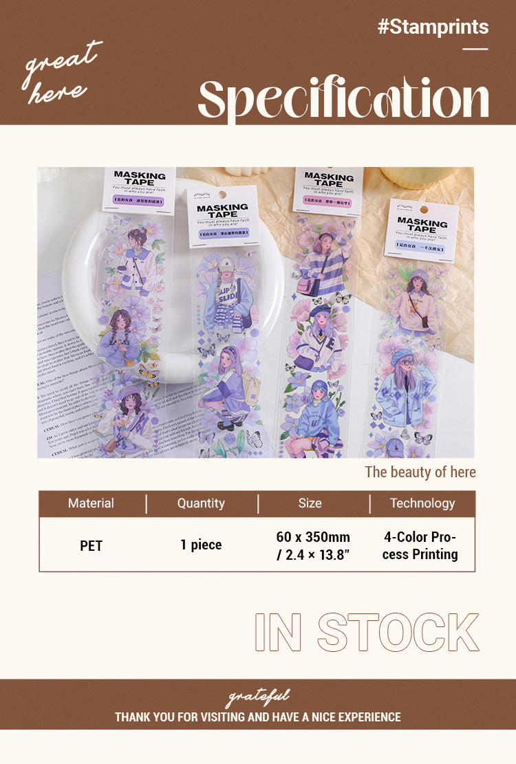 Purple Cartoon Girl Floral Long Strip PET Sticker