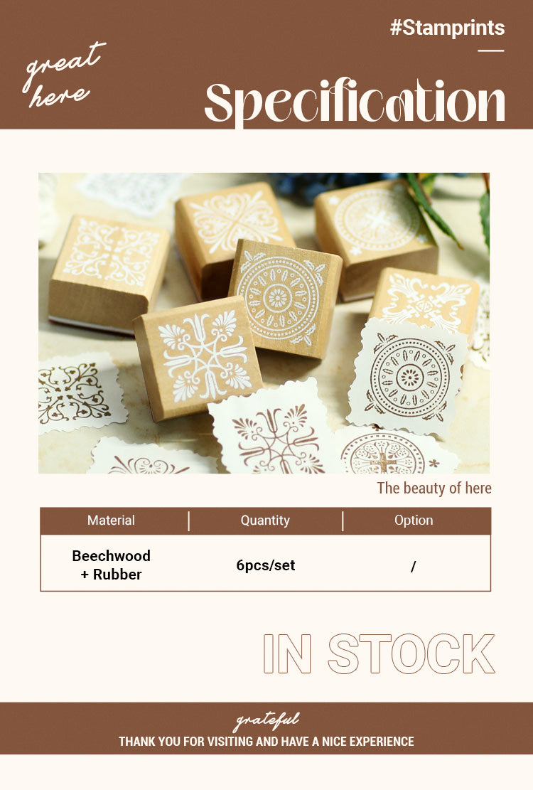 1Vintage Decorative Pattern Wooden Rubber Stamp Set