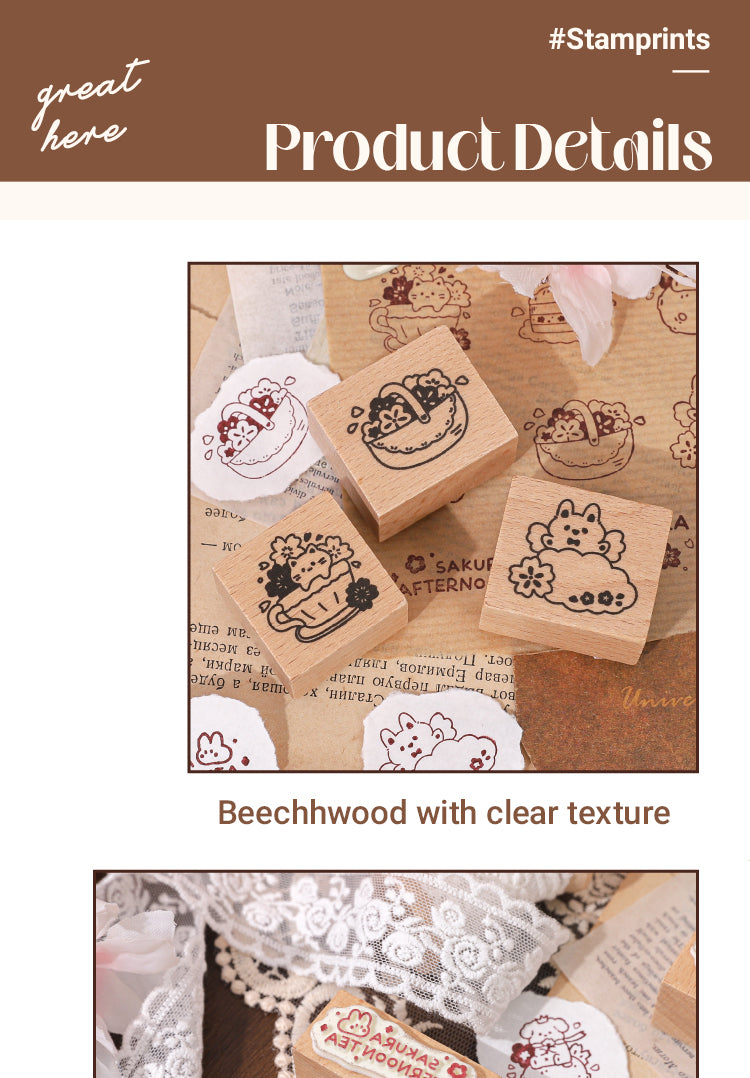 3Characteristics of Cartoon Afternoon Tea Cute Animals Wooden Rubber Stamp1