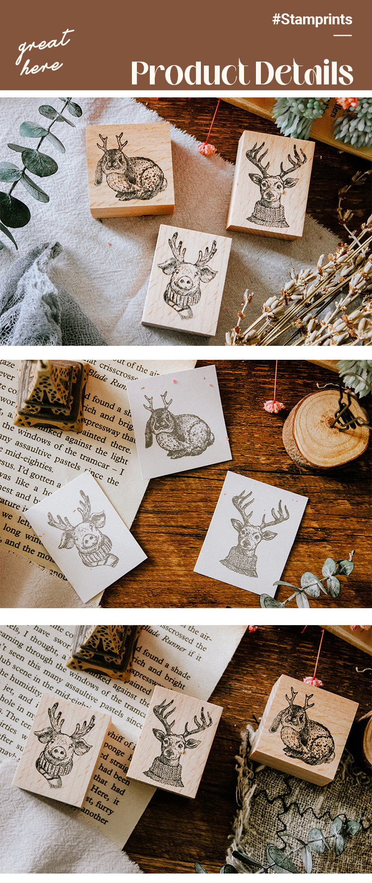 3Characteristics of Cute Animals with Antler Wooden Rubber Stamp