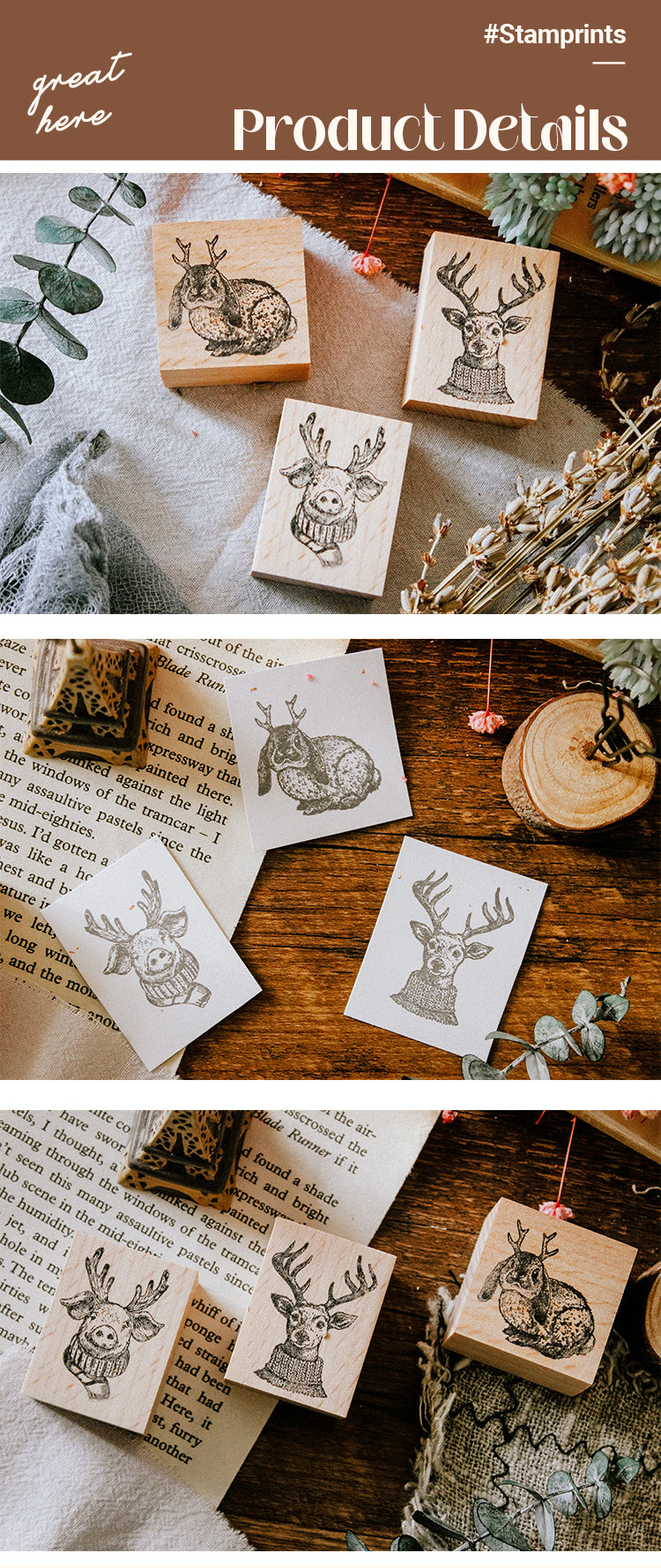 Ready Made Rubber Stamp - Cute Animals with Antler Wooden Rubber Stamp