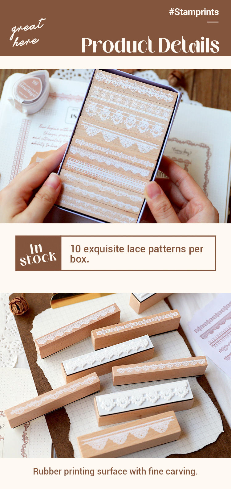 3Characteristics of Romantic Lace Border Wooden Rubber Stamp Set