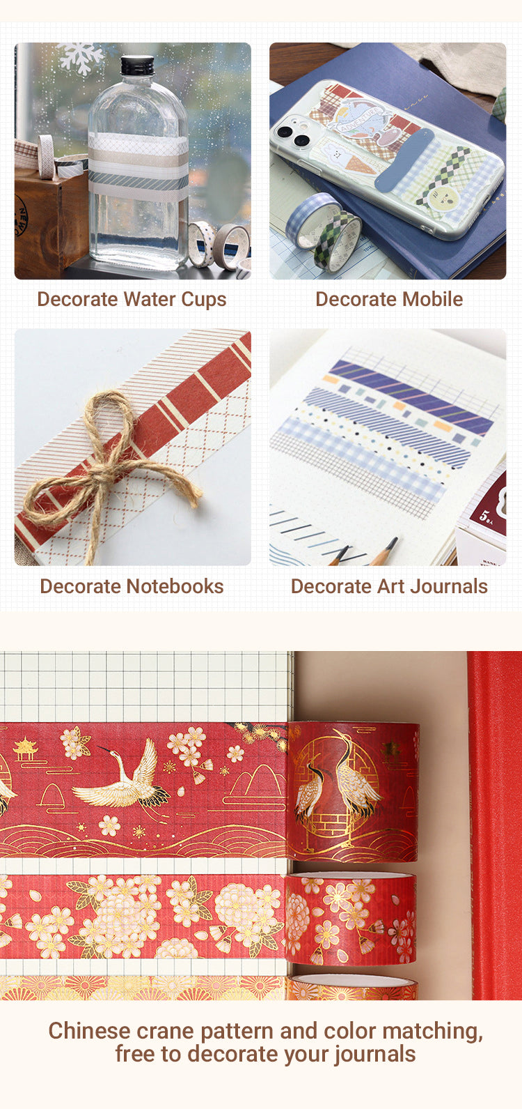 3Characteristics of Traditional Chinese Style Gold Crane Red Bloom Washi Tape Set
