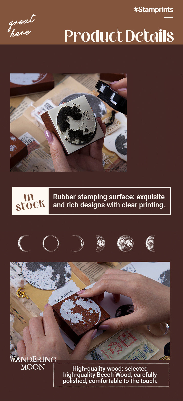 3Characteristics of Vintage Moon Phase Wooden Rubber Stamp