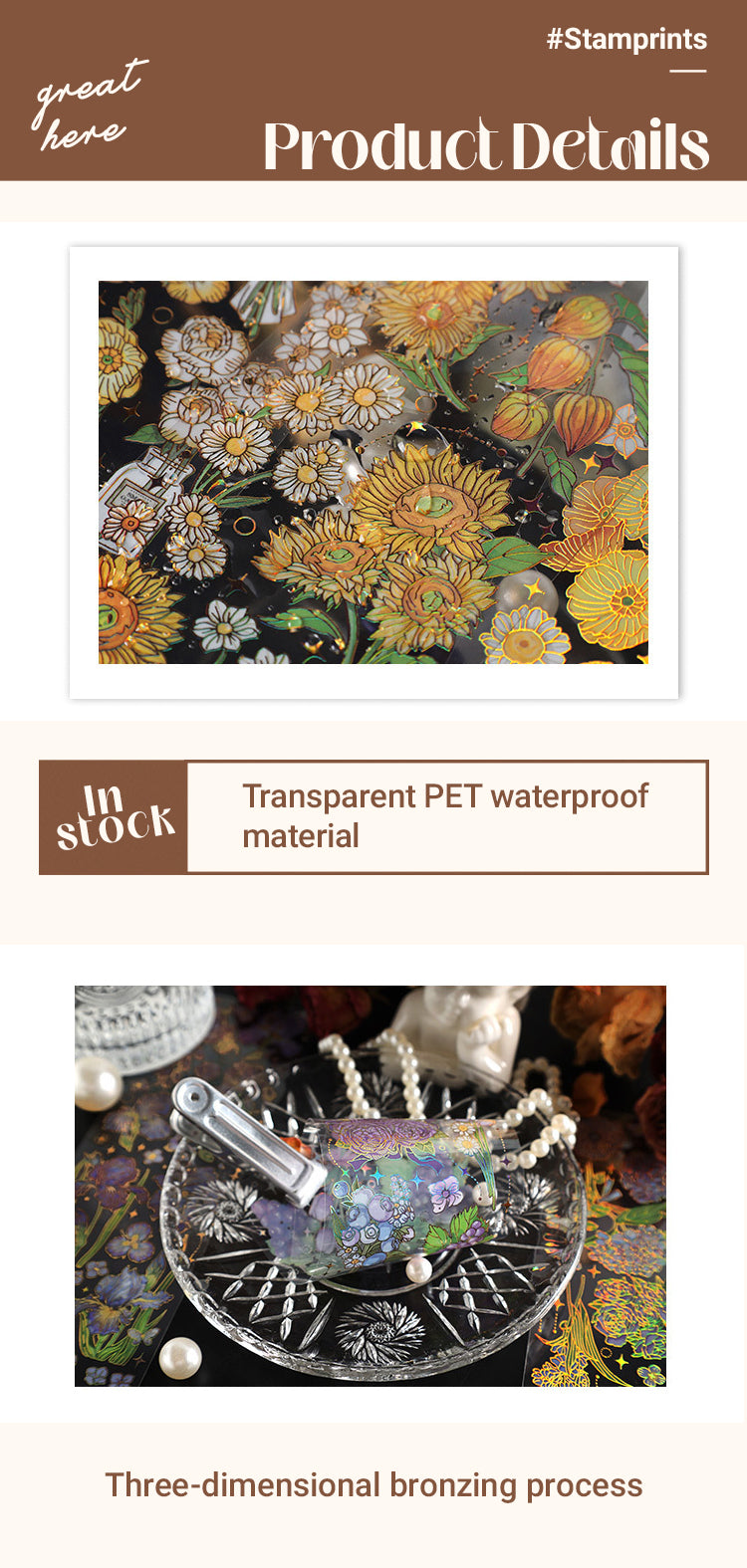 Dazzling Transparent PET Floral Journal Sticker