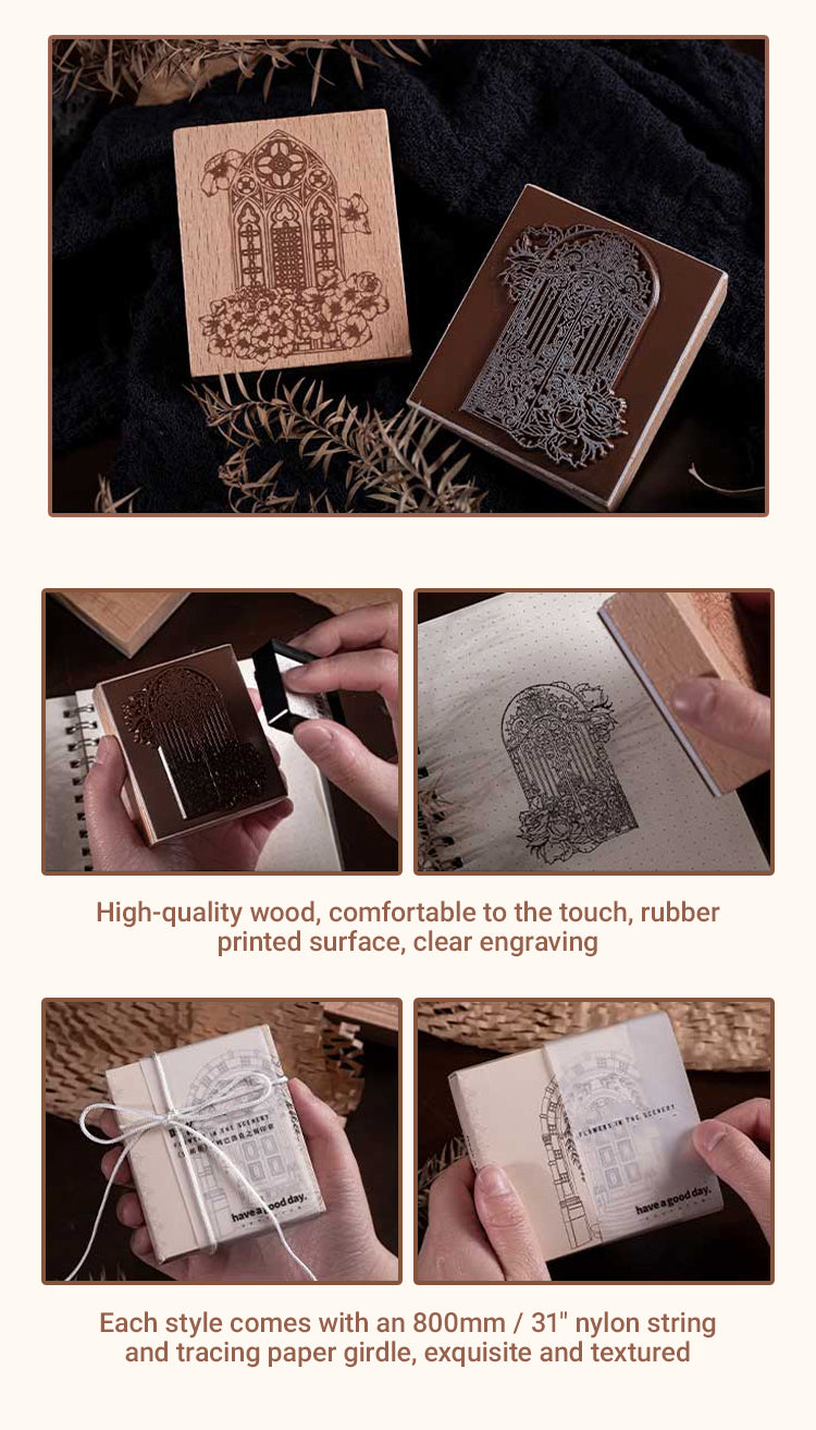 4Details of Flowers by Window Vintage Baroque Wooden Rubber Stamp