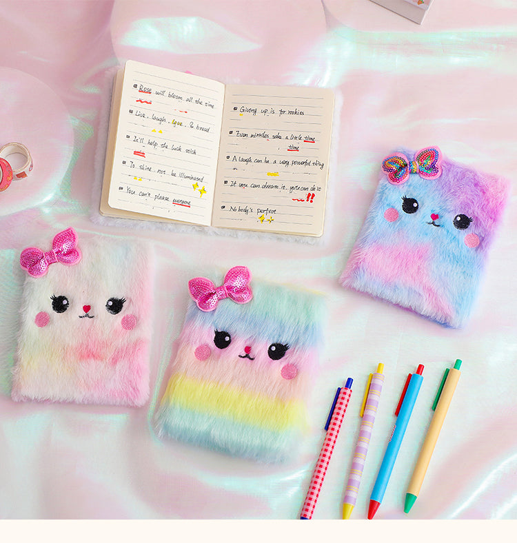 4Details of Kawaii Cute Fluffy Plush Cat Journal Notebook