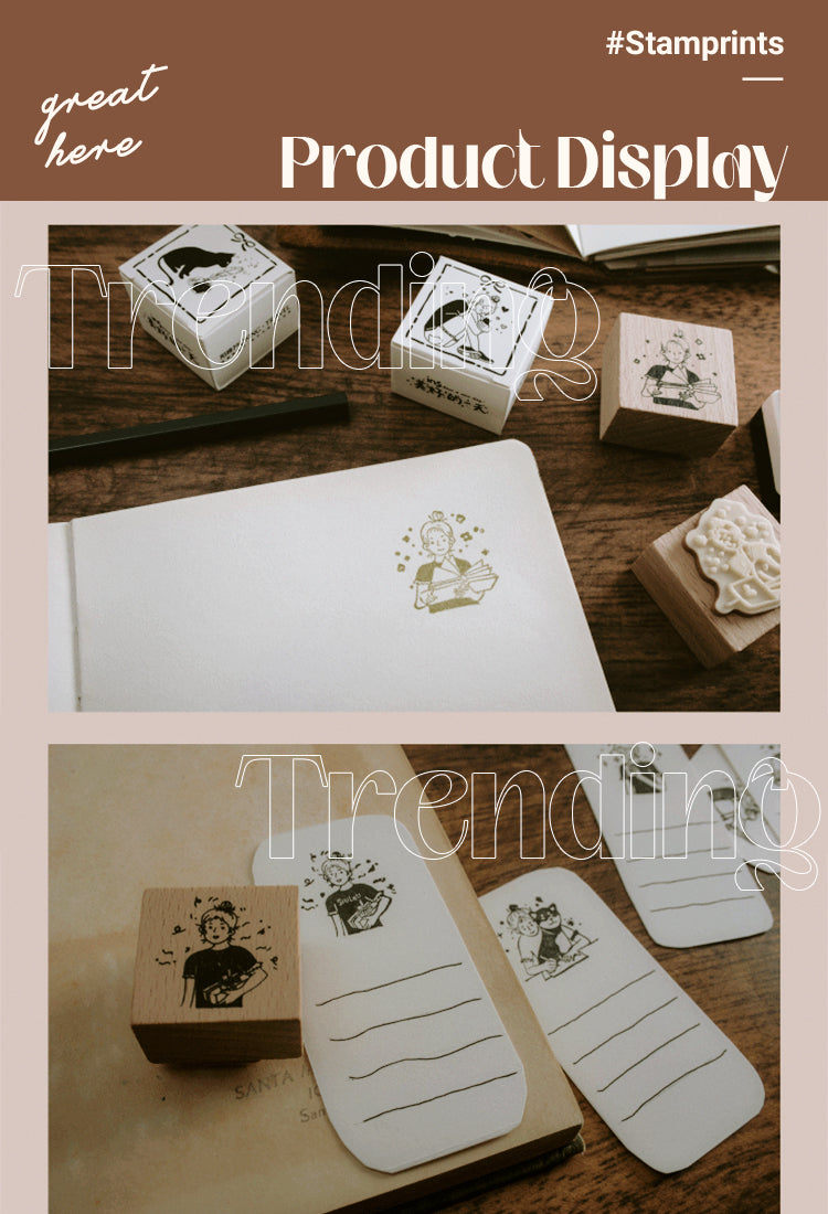 5Good Day Cartoon Character Cat Wooden Rubber Stamp1