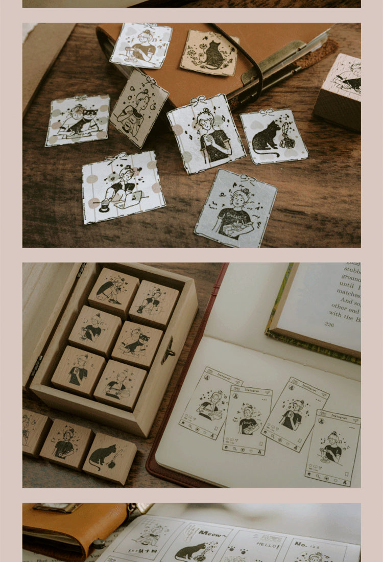 Ready Made Rubber Stamp - Good Day Cartoon Character Cat Wooden Rubber Stamp