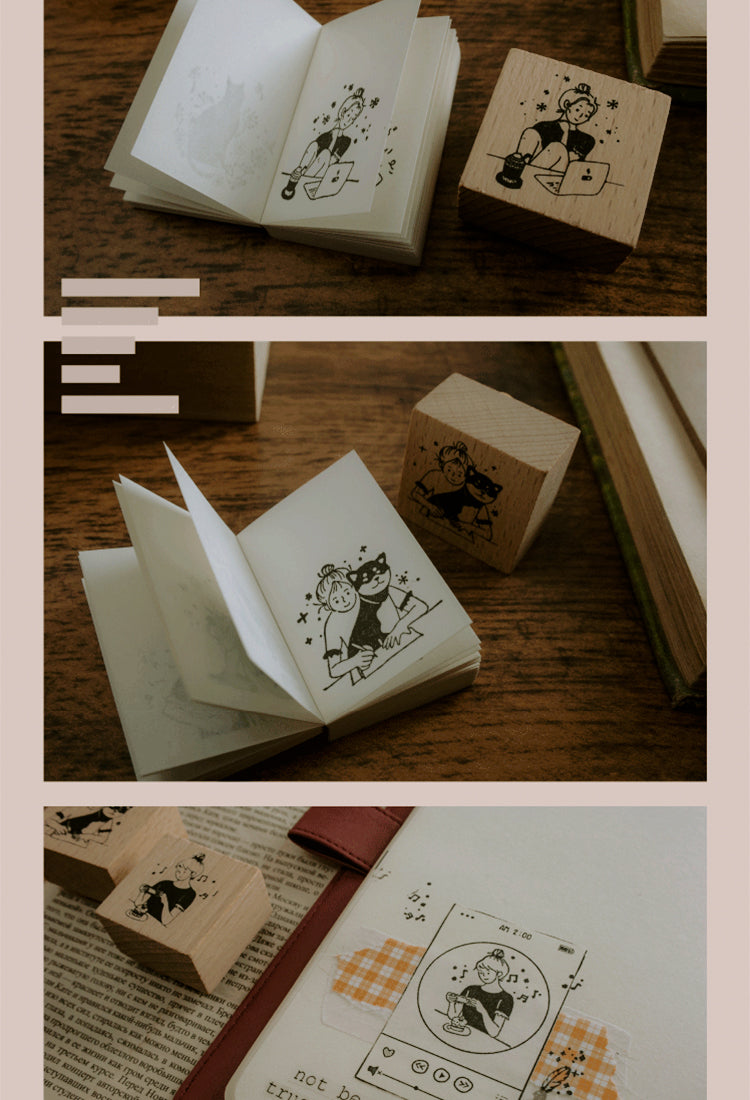 5Good Day Cartoon Character Cat Wooden Rubber Stamp5