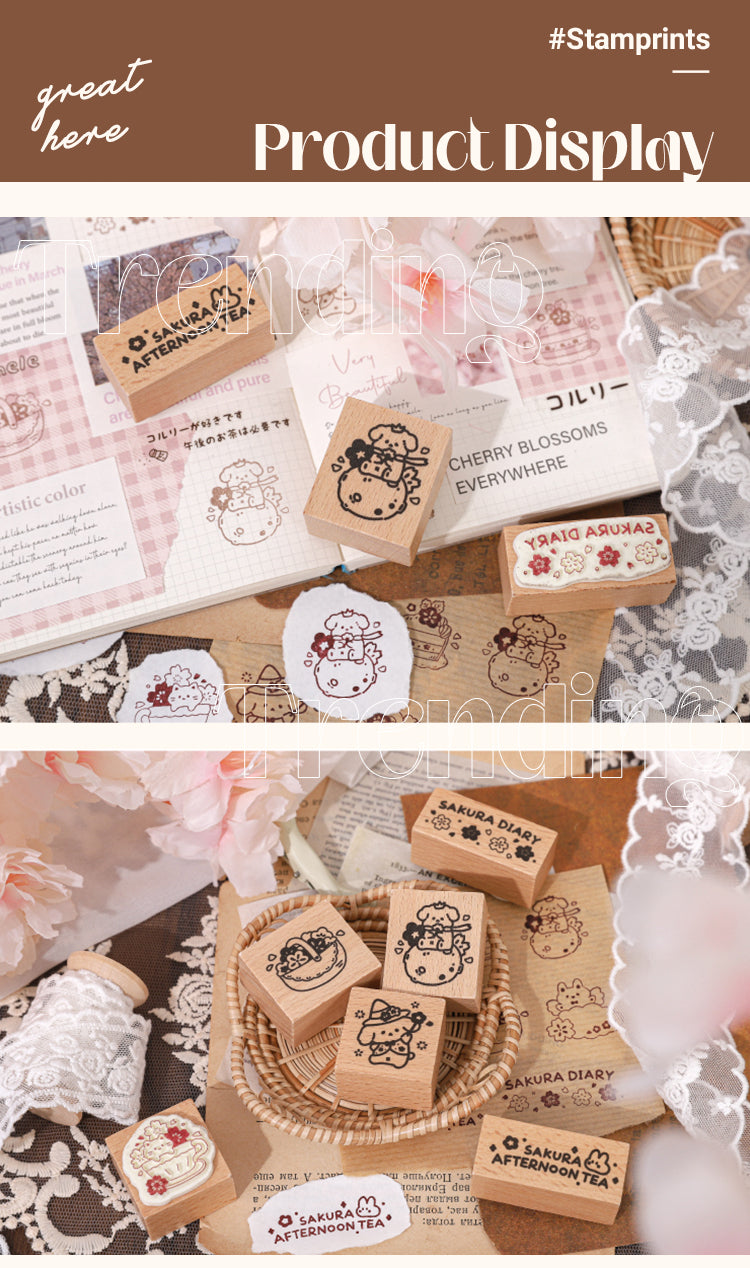 5Product Display of Cartoon Afternoon Tea Cute Animals Wooden Rubber Stamp1