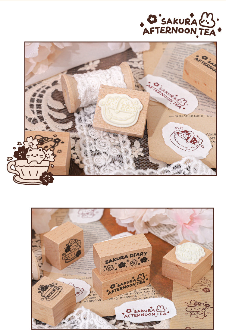 5Product Display of Cartoon Afternoon Tea Cute Animals Wooden Rubber Stamp2