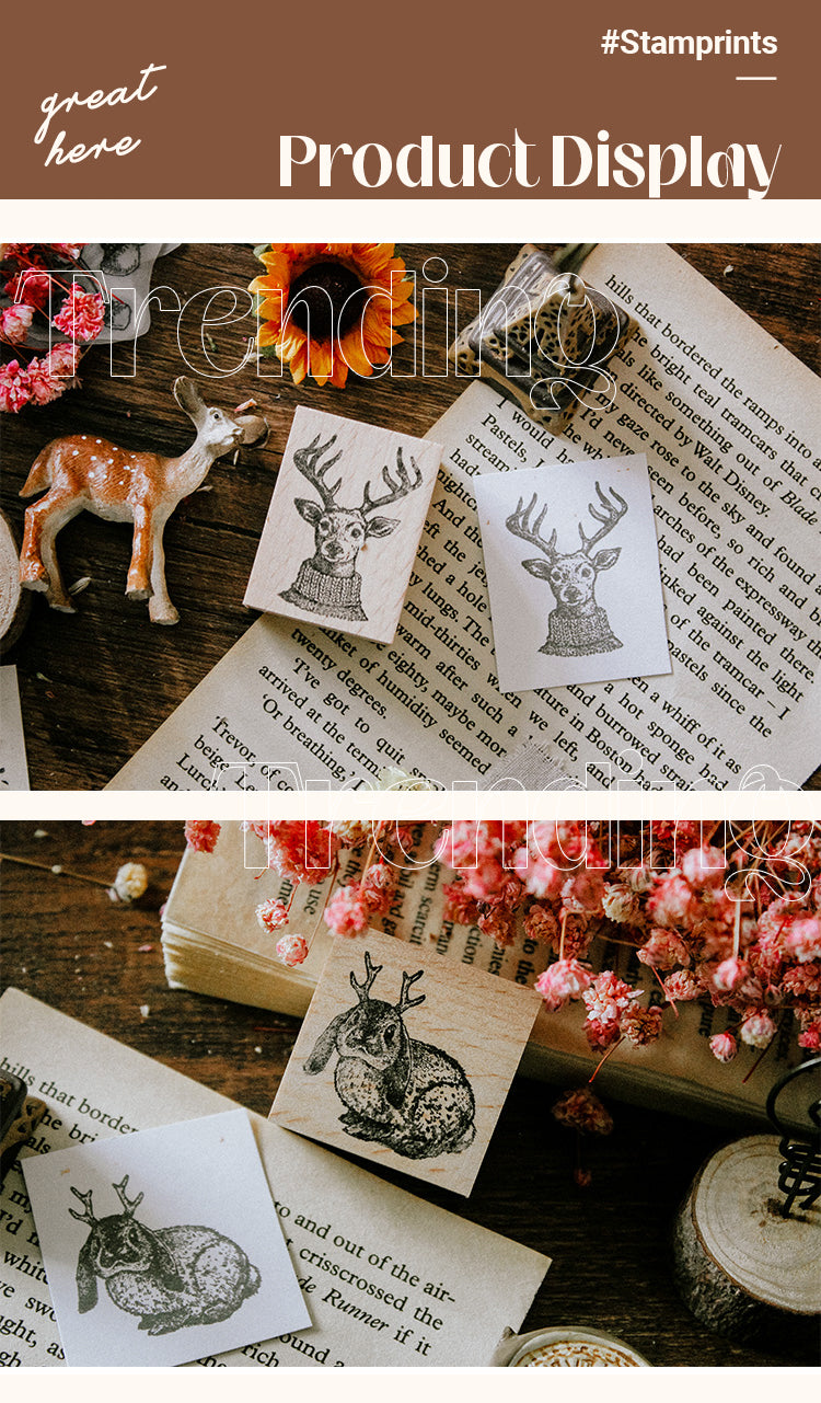 5Product Display of Cute Animals with Antler Wooden Rubber Stamp