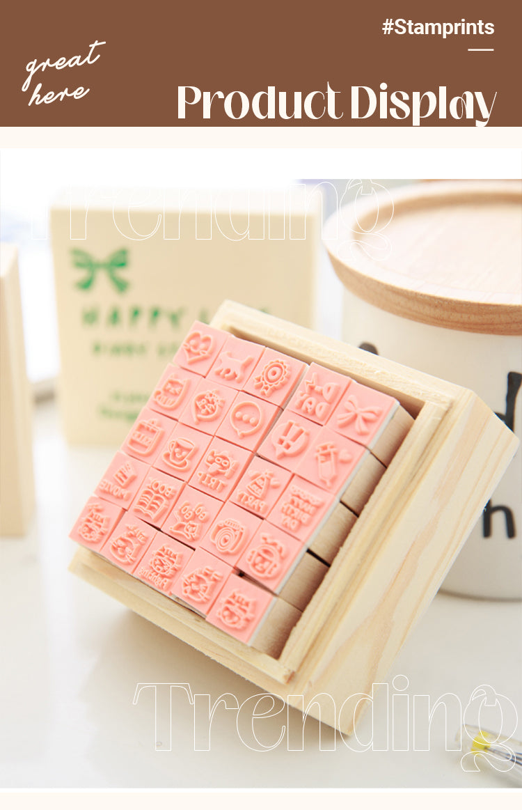 5Product Display of Cute Mini Cartoon Boxed Wooden Rubber Stamp Set