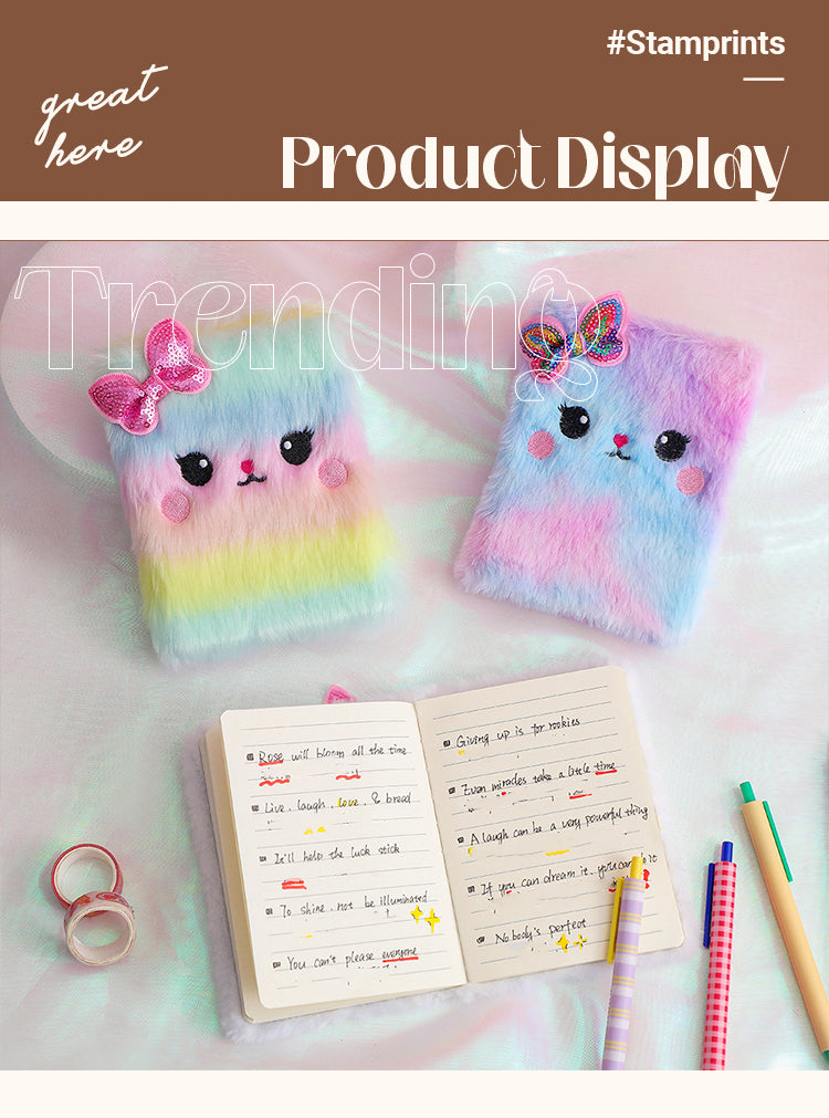 5Product Display of Kawaii Cute Fluffy Plush Cat Journal Notebook