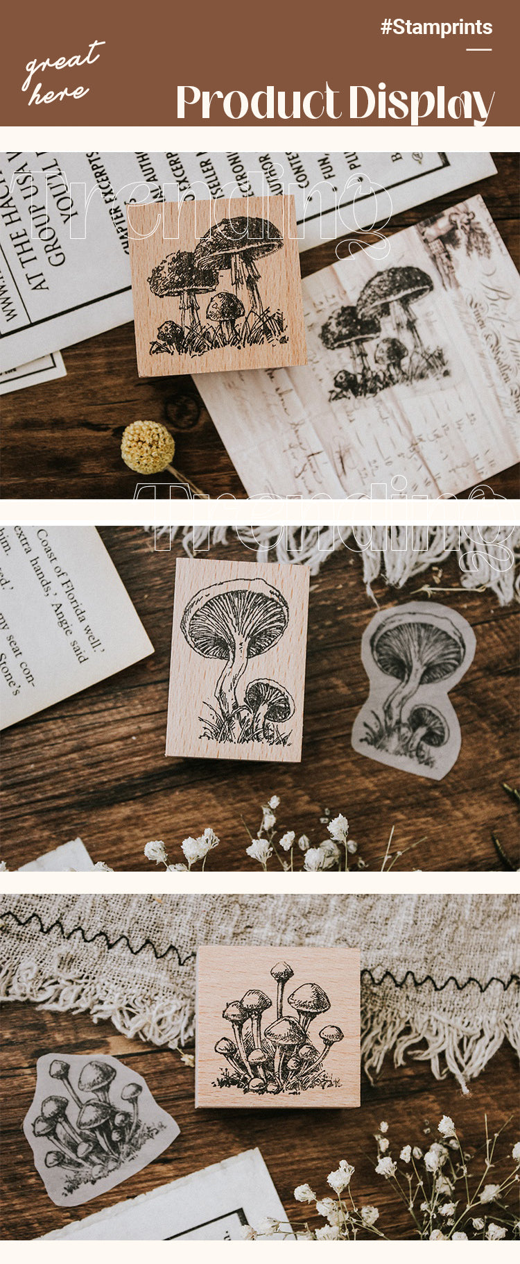 5Product Display of Original Mushroom Botanical Wooden Rubber Stamp