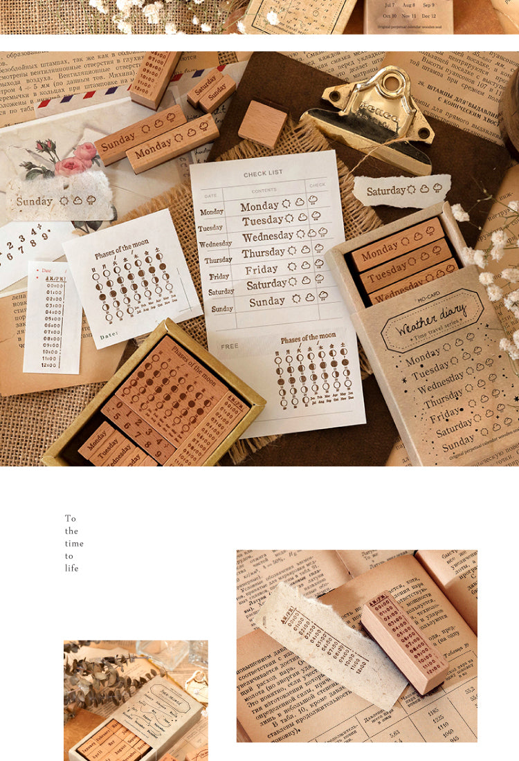 5Product Display of Time Travel Vintage Perpetual Calendar Wooden Rubber Stamp Set2