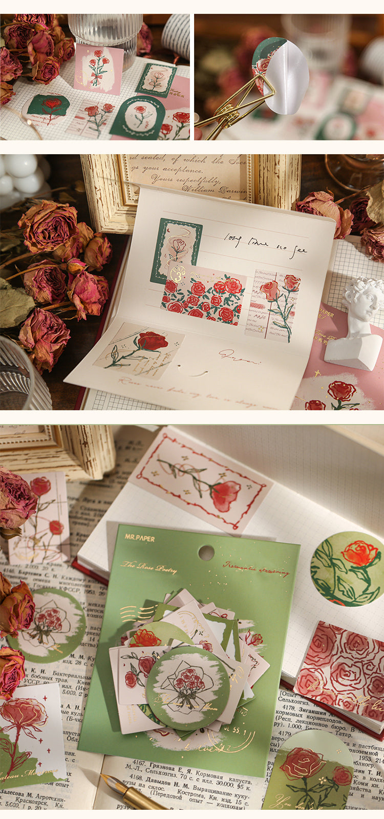 5Product Display of Vintage Artistic Rose Plant Sticker Pack2