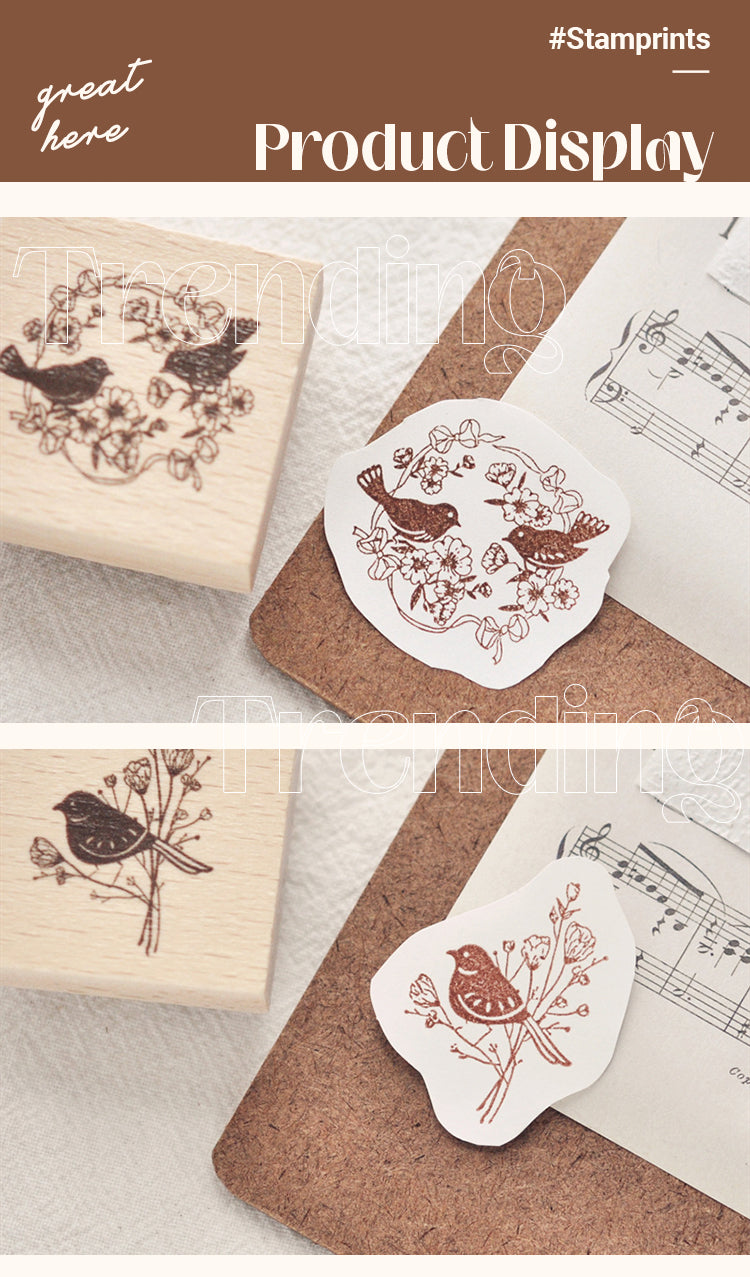 5Vintage Flower & Bird Wooden Rubber Stamp1