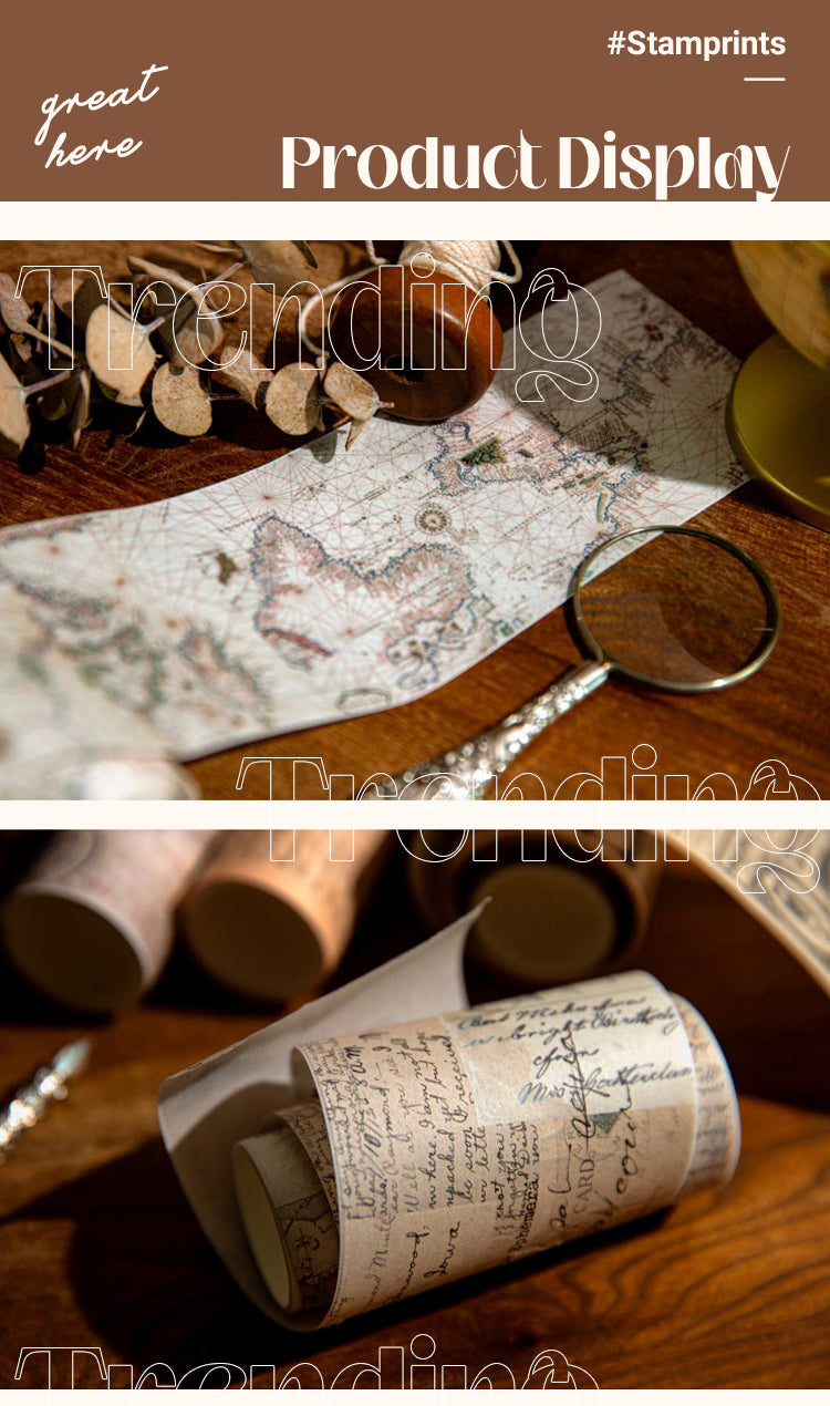 Vintage Time Text & Map Wide Washi Tape Set