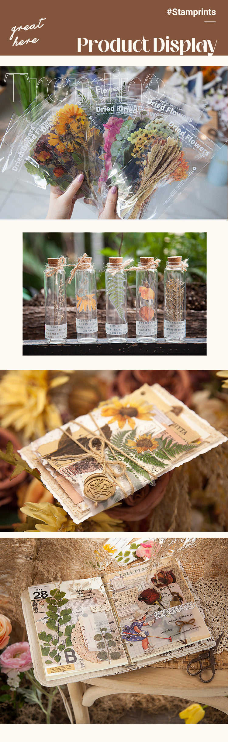 Product Display of Translucent Vintage Dried Flowers PET Sticker