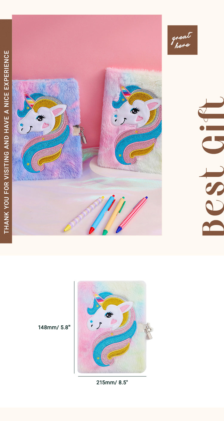 6Plush Cartoon Unicorn Diary Notebook with Lock