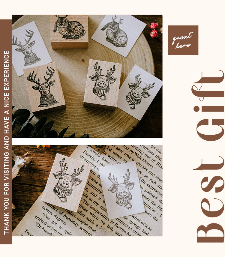 Ready Made Rubber Stamp - Cute Animals with Antler Wooden Rubber Stamp