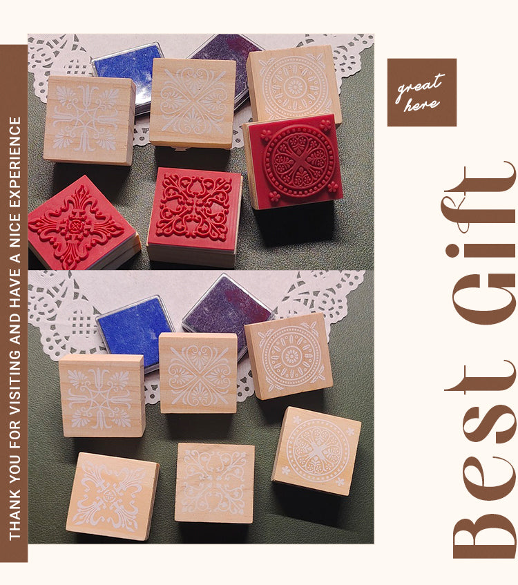 6Product Size Vintage Decorative Pattern Wooden Rubber Stamp Set