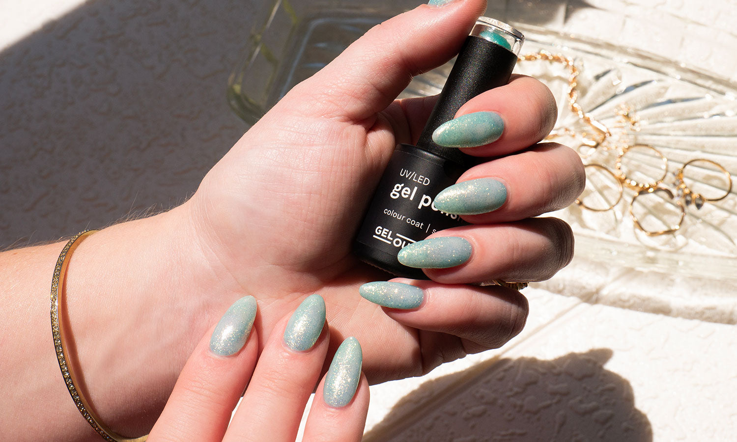 Gelous Seafoam Shimmer gel nail polish - photographed in Australia on model