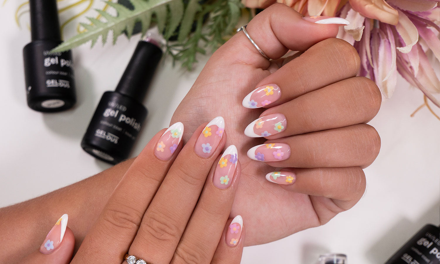 French Tip Florals Gel Nail Polish Art - photographed in Australia on model