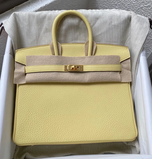 Hermes Birkin bag 25 Jaune poussin Togo leather Gold hardware