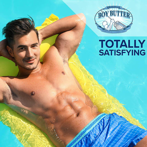 Boy Butter Personal Lubricant ad - male on pool float in the sun