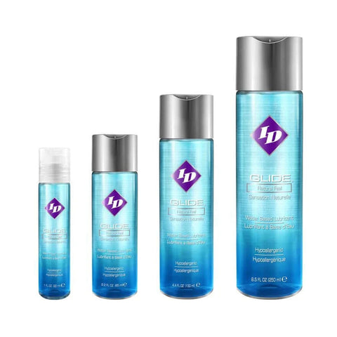 ID Glide personal lubricant bottles in various sizes