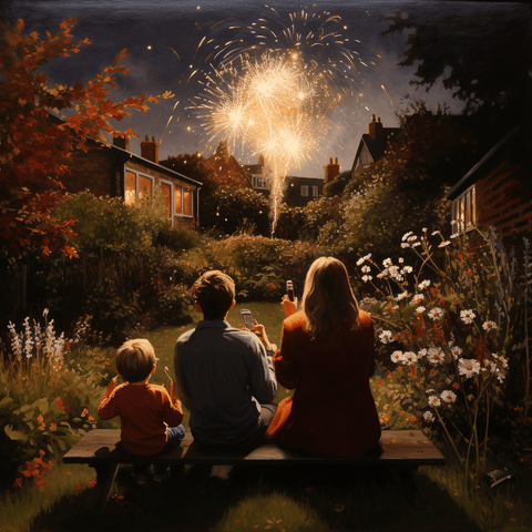 A Family Watching Fireworks On Their Garden