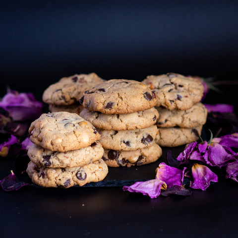 Image of chocolate chip cookies in a stacked arrangement.