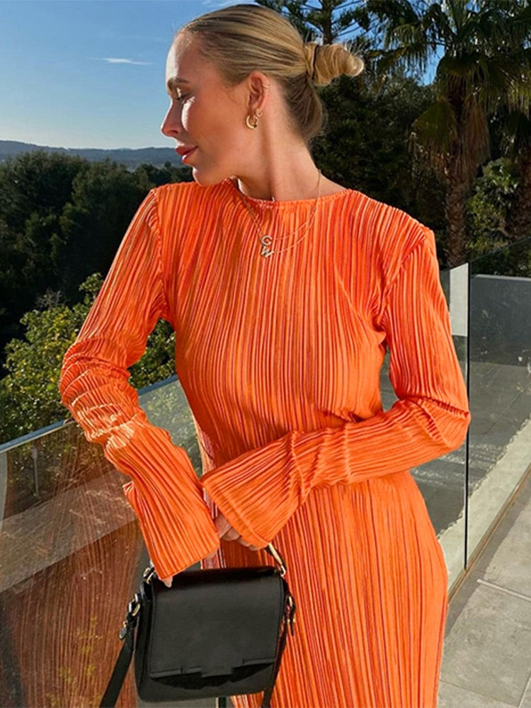 Women Fashion Long Sleeve Streetwear Bodycon Orange Midi Dress  Autumn Clothes