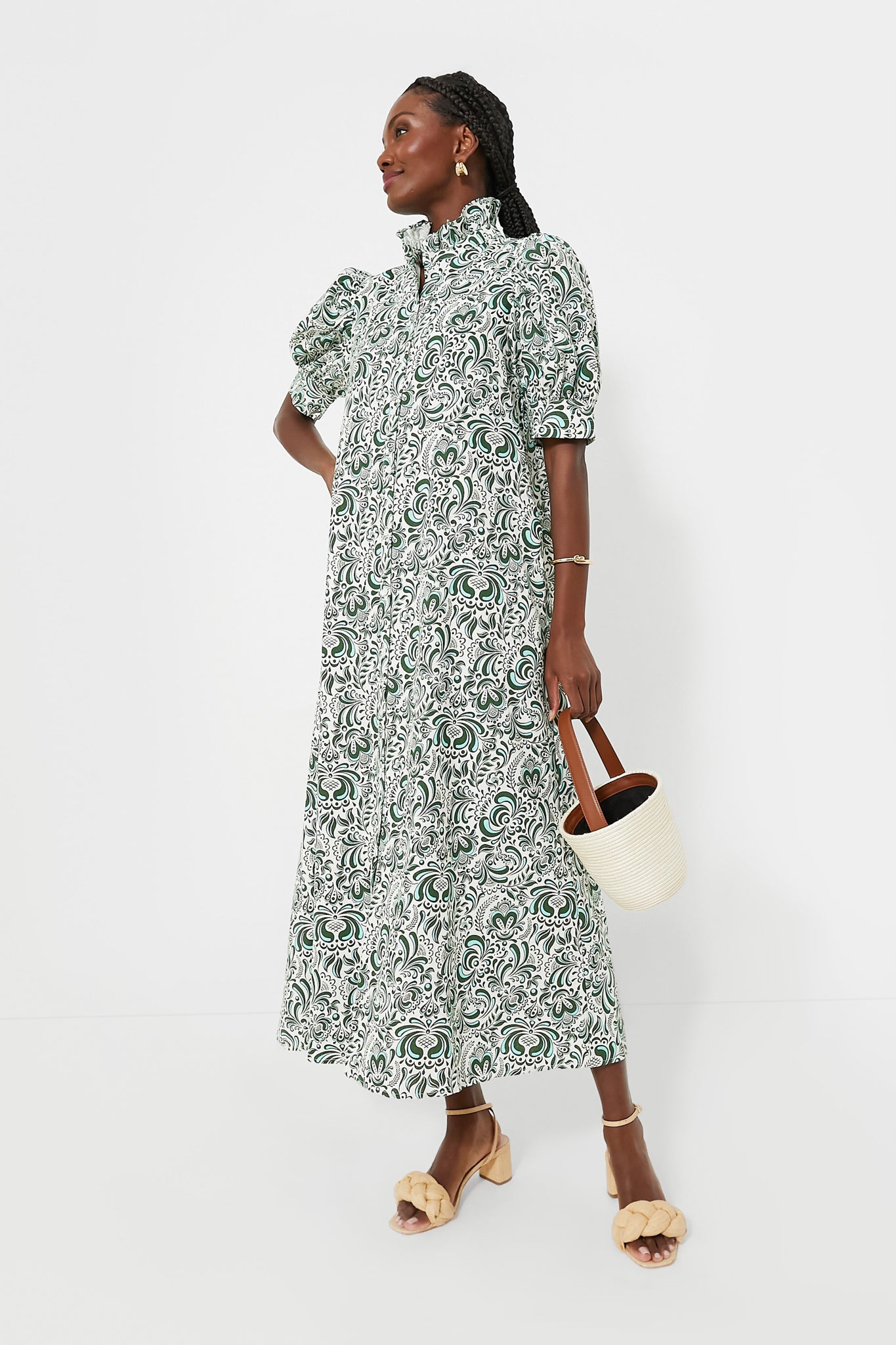 Green Floral Linen Ruffle Collar Louisa Maxi Dress | Hyacinth House