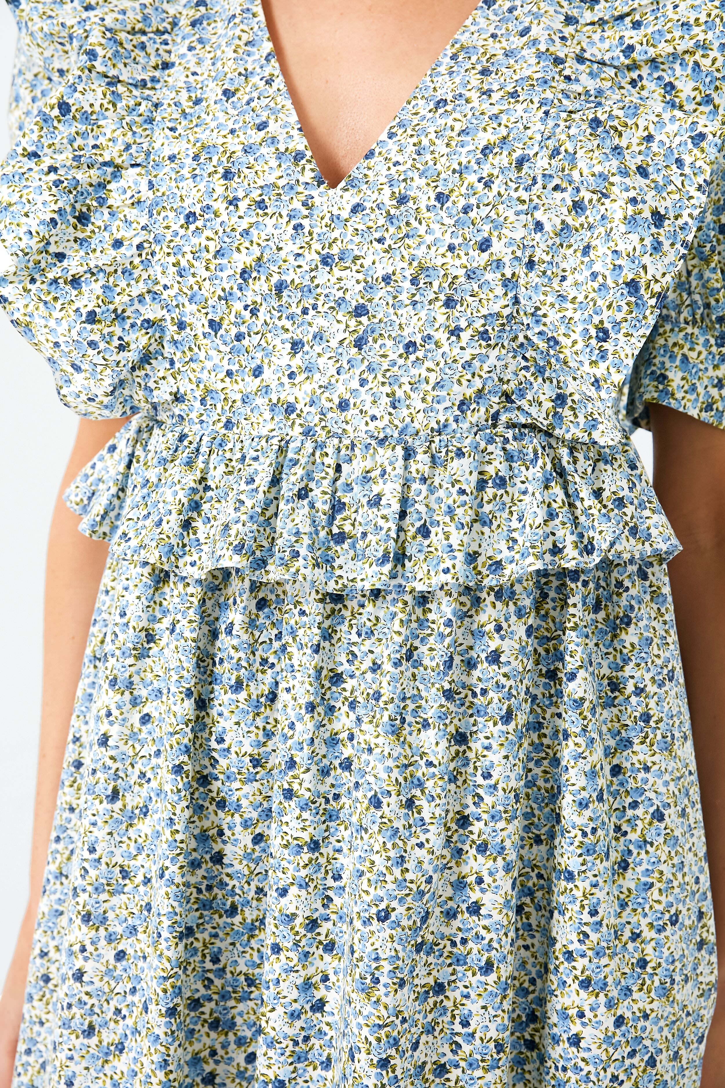 Hyacinth House Blue Floral Puff Sleeve Meadow Midi Dress