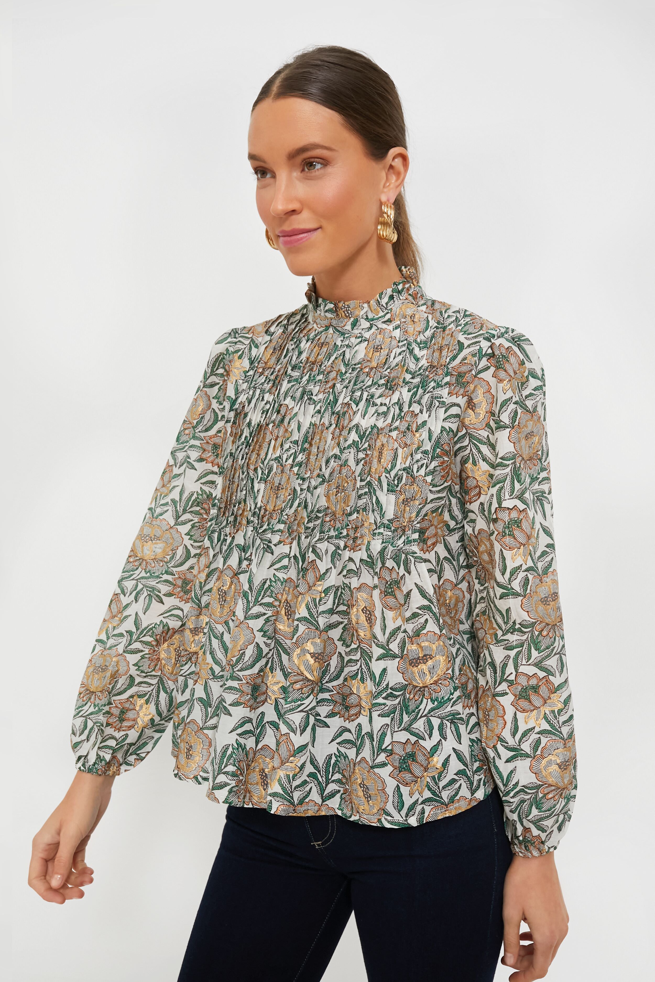 Green Hedera Long Sleeve Pintuck Blouse | Oliphant