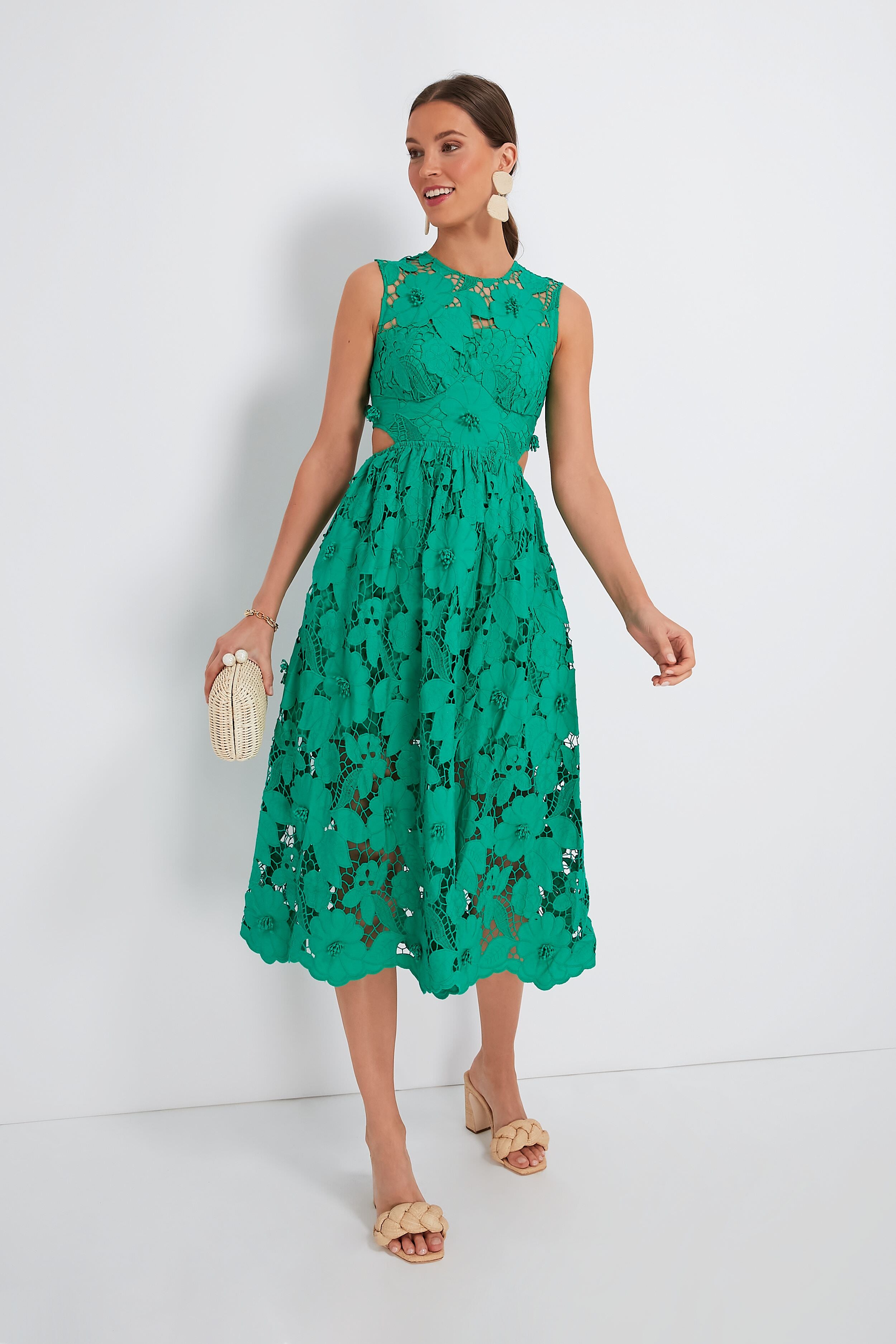 Green 3D Cotton Lace Midi Dress | Self-Portrait