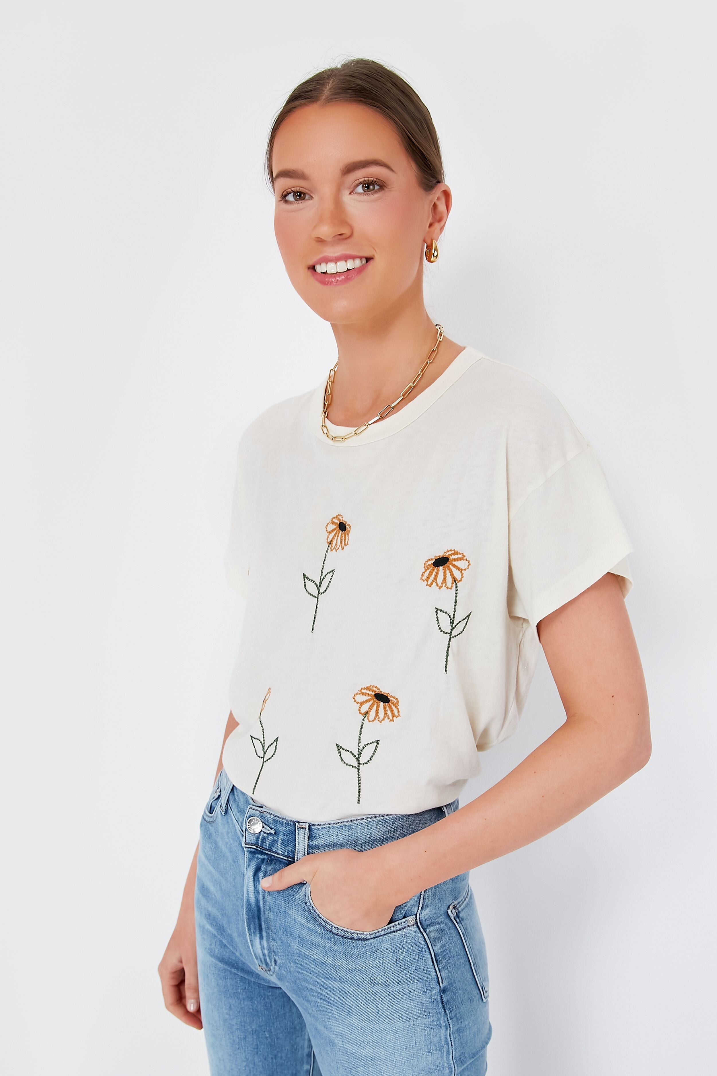 Washed White Weeping Daisy Embroidery Boxy Tee | THE GREAT.