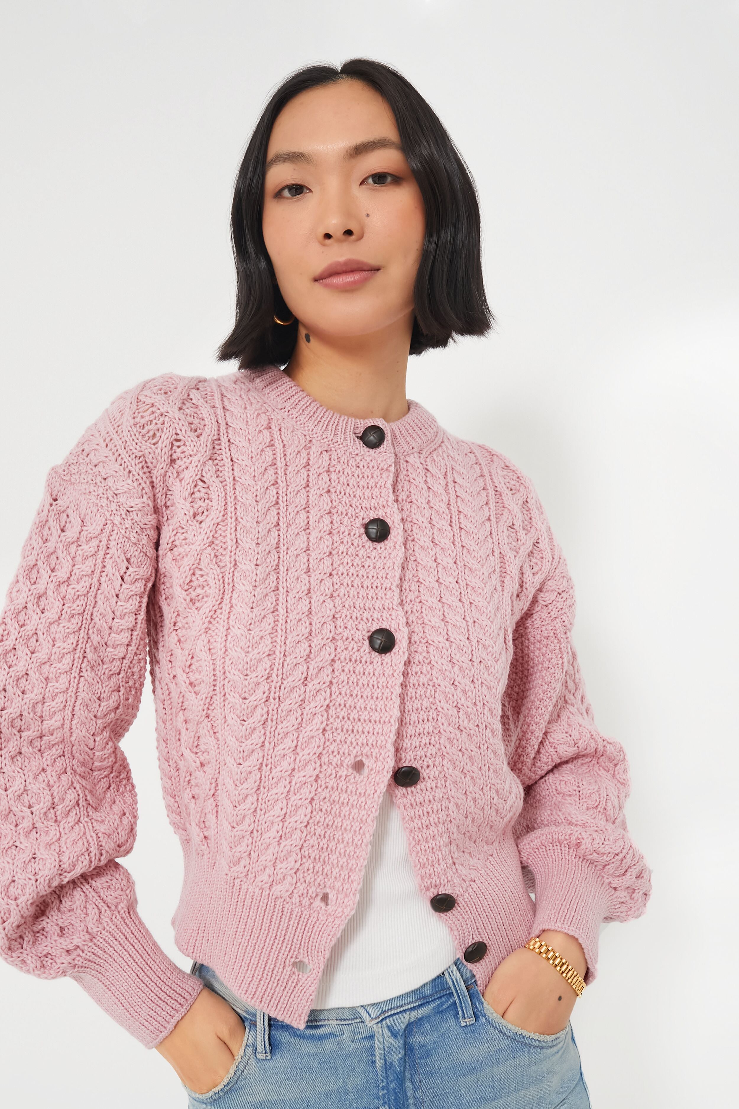 Pale Pink Clover Cropped Aran Cardigan IrelandsEye Knitwear