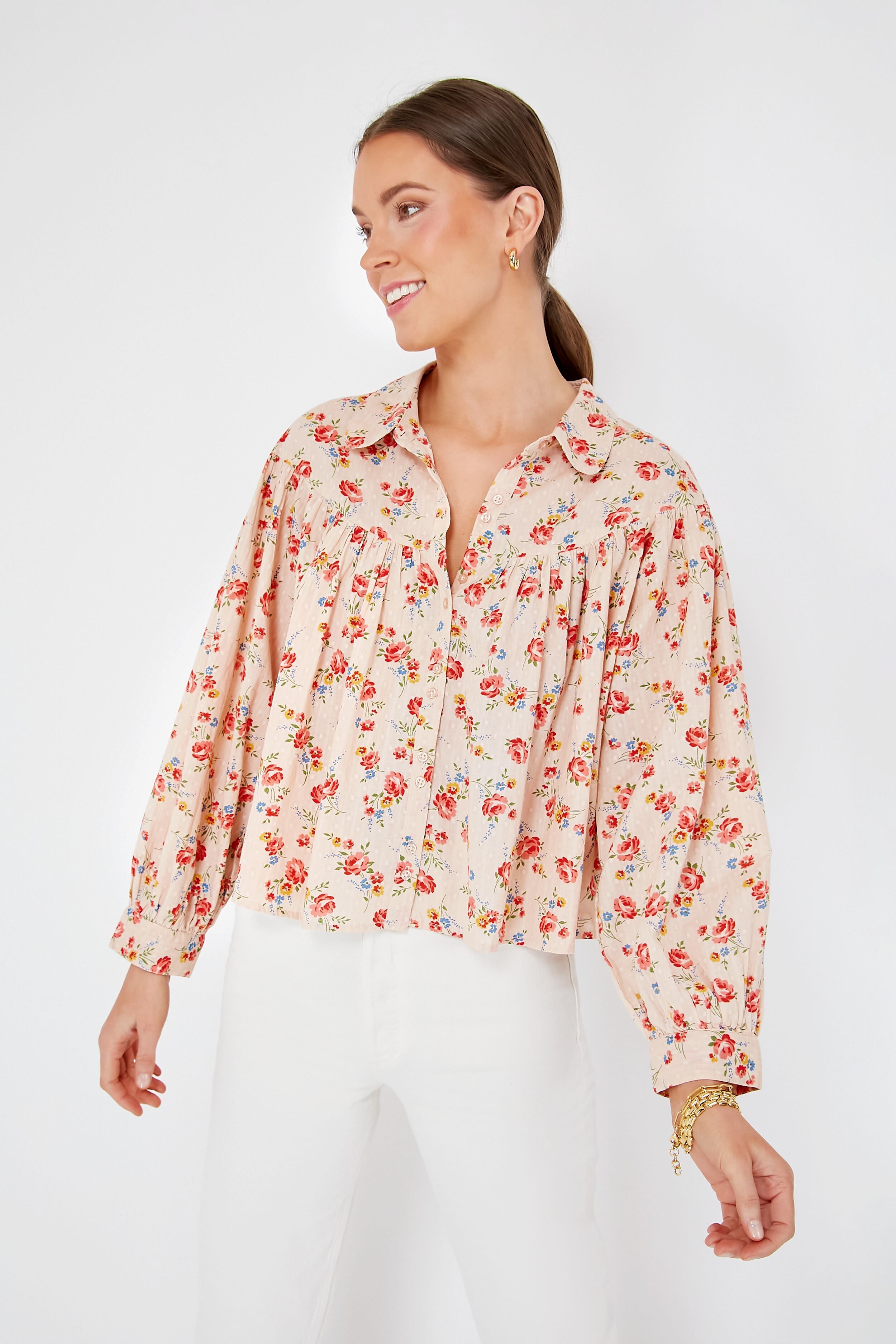 Pale Pink Kerchief Rose Print The Carousel Top | THE GREAT.